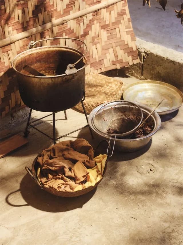 Cooking/Dyeing Setup - Large metal pot with bowls and woven basket
